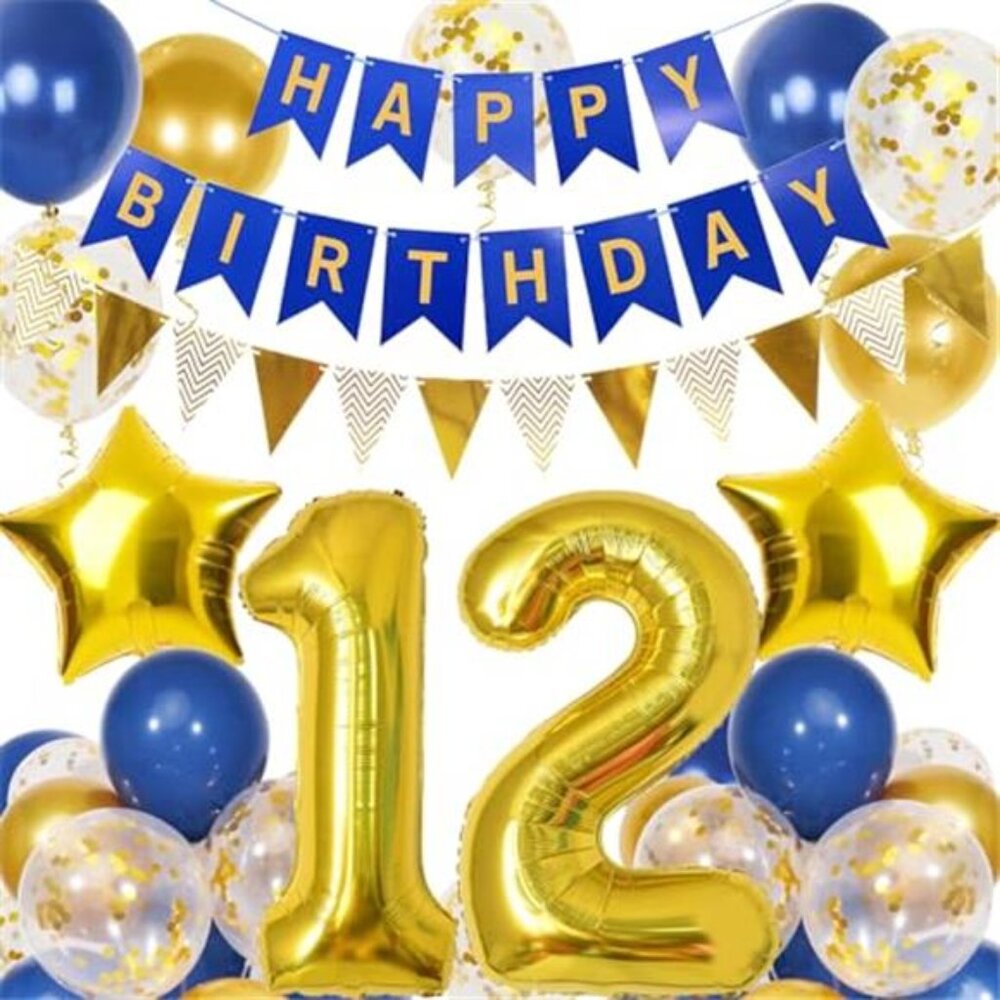 12th Birthday Decorations Boys Navy Blue Gold Balloons Banner Party Supplies Kit